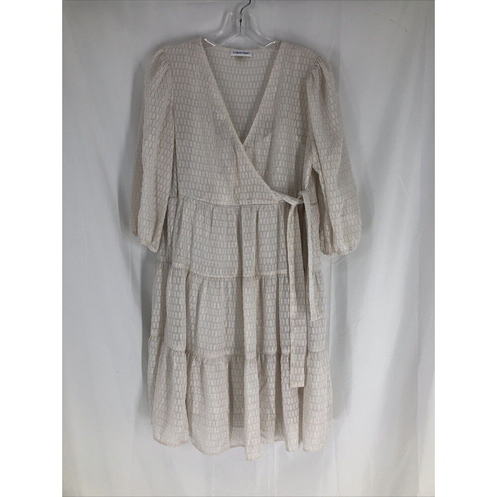 Calvin Klein Women’s Cream and Metallic Gold Faux Wrap Tiered Dress Size 10